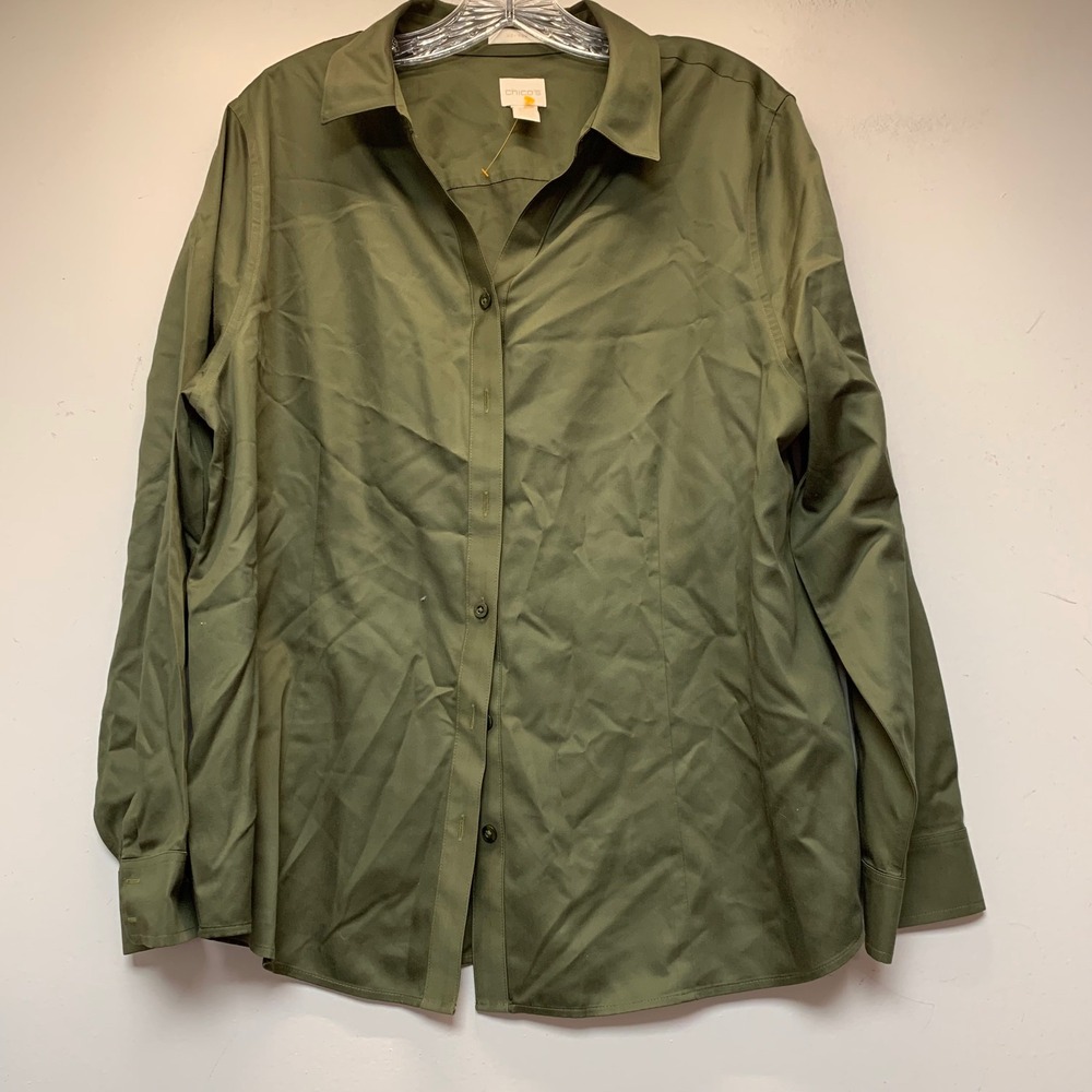 Chico's‎ Button Down Shirt Womens 3 Olive Green Excellent Cotton Hidden Placket